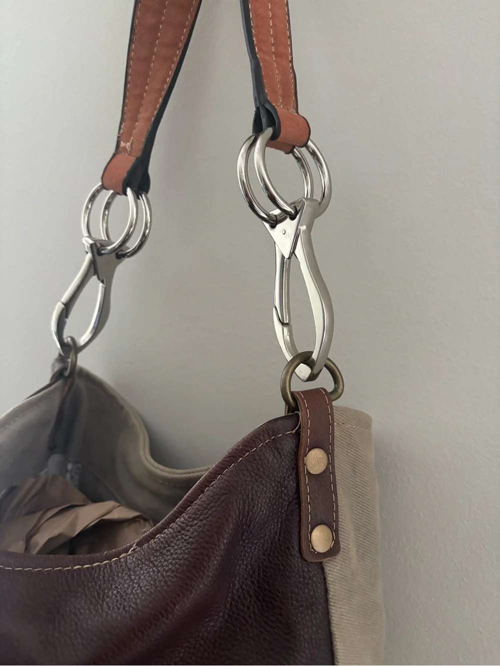 Myra Brown Leather & Ivory Patterned Hobo Canvas Crossbody Shoulder Bag